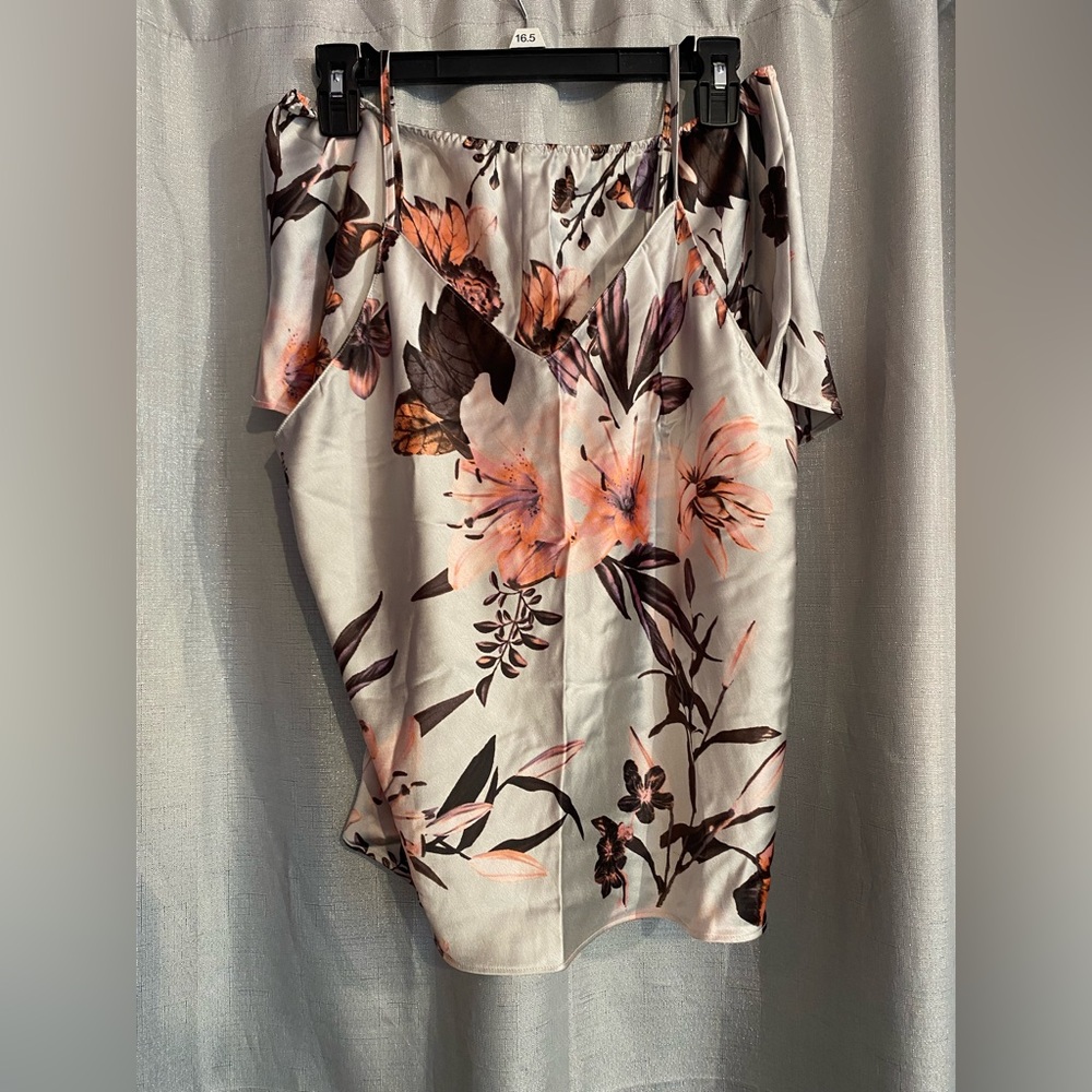 Victoria's Secret White Satin Floral V-Neck PJ set with Peach & Brown Print
